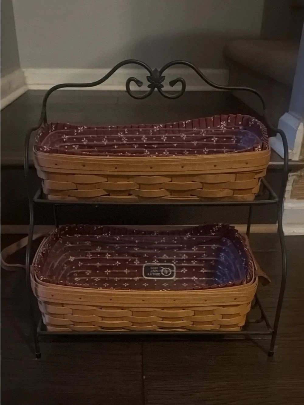 Longaberger Two-Tier Wrought Iron Shelf with Woven Baskets with Burgundy Liner